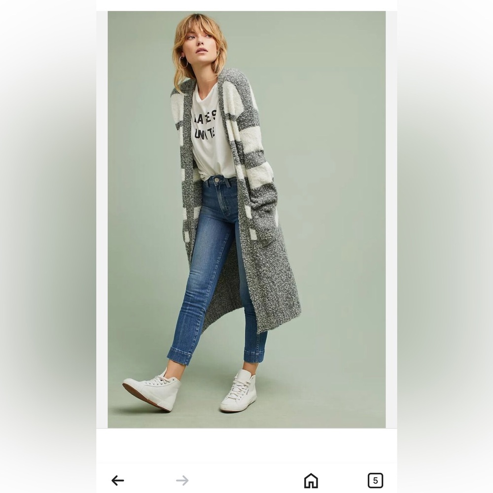 Tina + Jo / anthropologie Eliana Gray and White Striped Long Cardigan